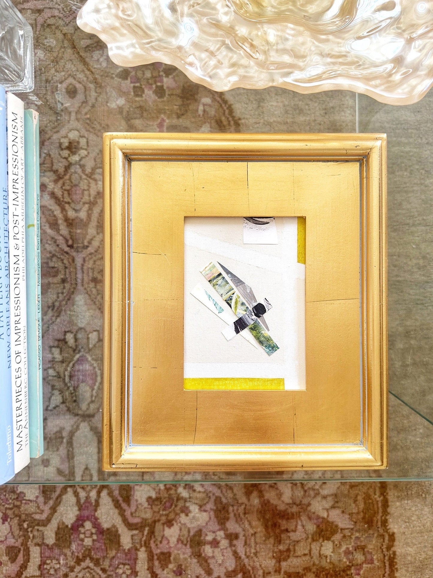 Framed Original Abstract Artwork, Mixed Media Painting (5”x7”) on Canvas, 8”x10”, Gold Frame, Neutral Wall Art, Minimal Art, Chartreuse Art