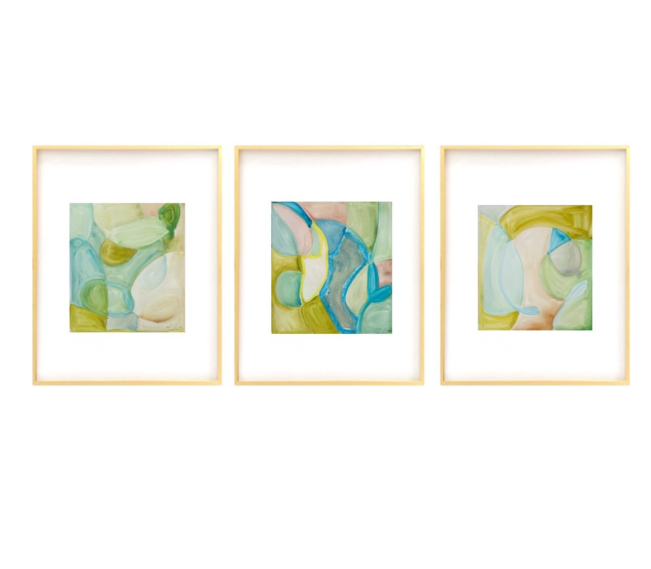 Original Abstract Watercolor Paintings, Set of 3, Framed in 16x20 Gold Metal Gallery Frames, Abstract Artwork, Pastel Art, Watercolor Art