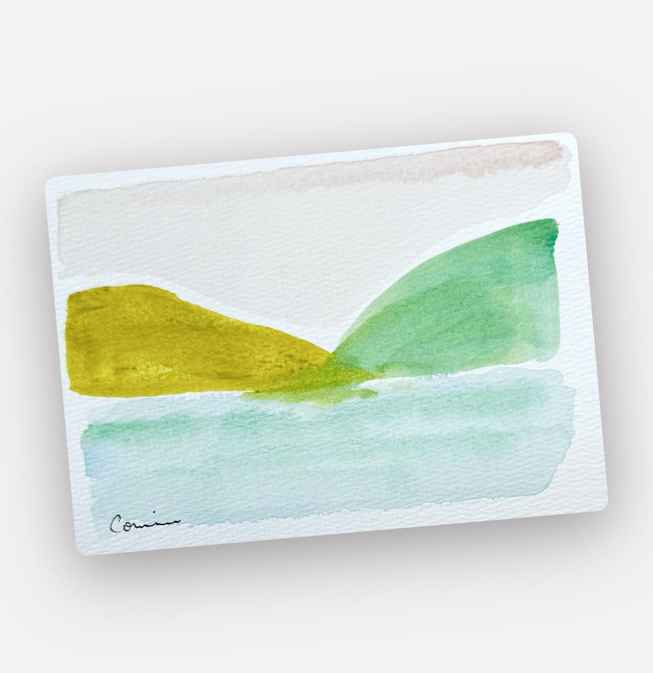 Original Abstract Watercolor Landscape Painting, Digital Print, Digital Download, Blue, Green, and Chartreuse, 5x7