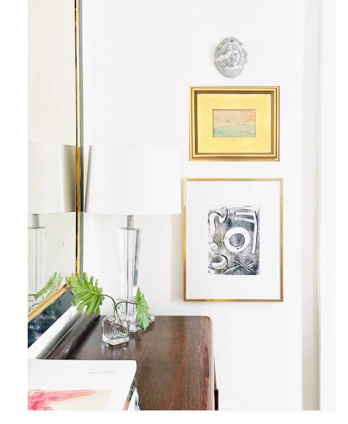 Framed Original Abstract Artwork, Mixed Media Landscape Painting (4”x6”) on Canvas, 8”x10”, Gold Frame, Neutral Wall Art, Pink & Green