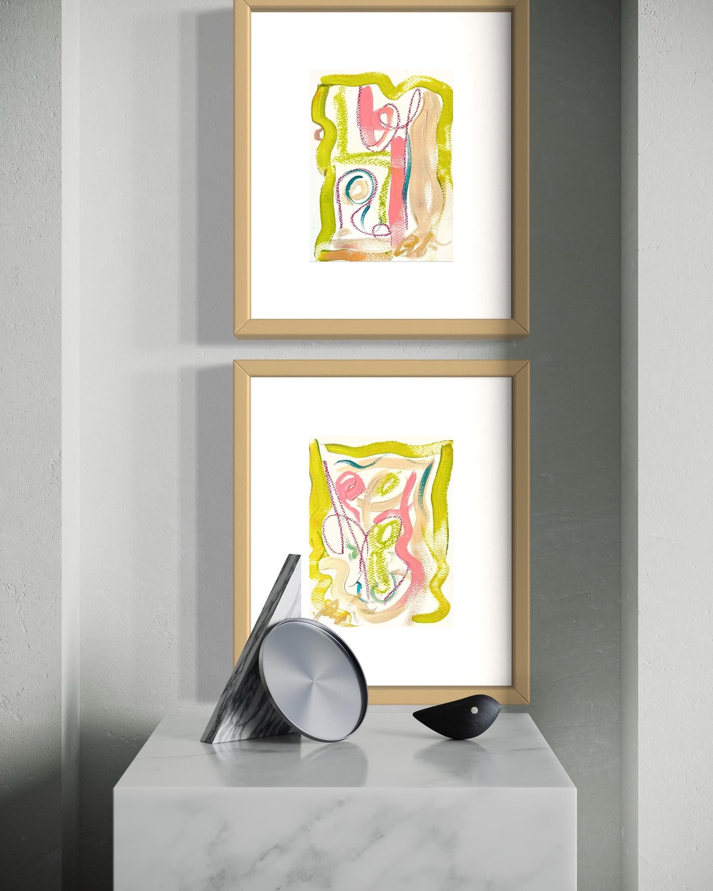 Original Abstract Fine Art Prints, Green, Pink, Blue, Pair (5x7), Abstract Artwork