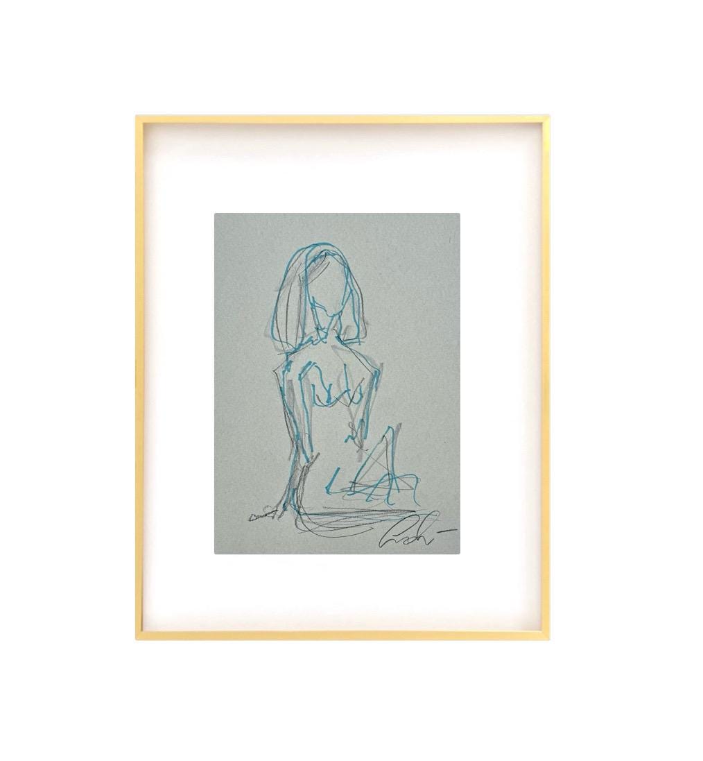 Original Abstract Mixed Media Nude Figure Sketch, Charcoal Nude Sketch, Abstract Art, Original Art, Blue, Black, Grey