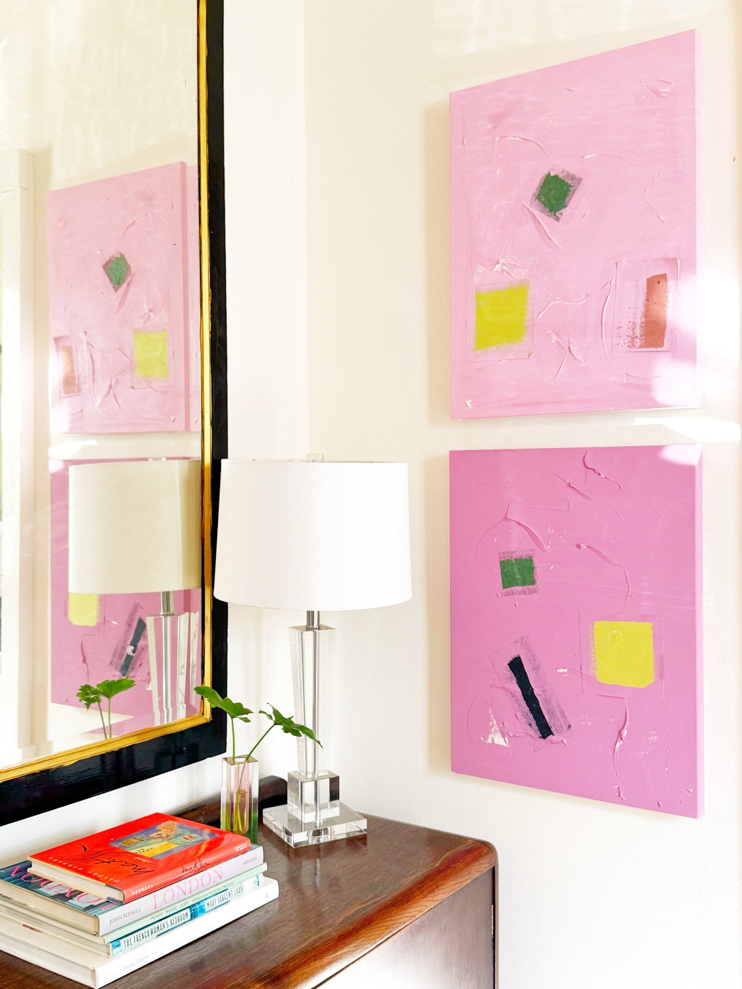 Pair of abstract mixed media paintings on canvas with pink background and geometric shapes, 16x20 inches each