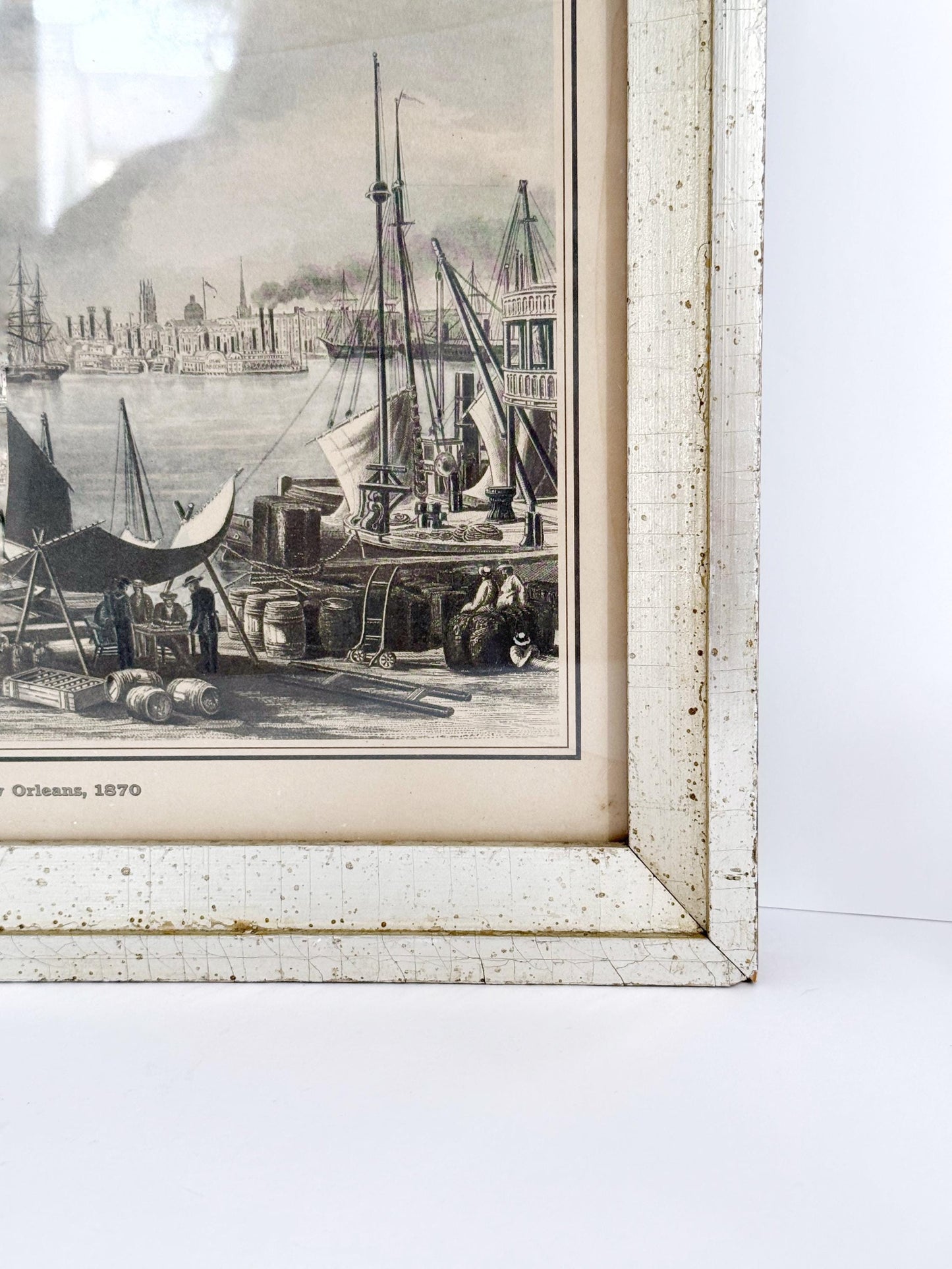 Vintage Framed New Orleans Landscape Print. Silver and Gold-leafed frame, 8x10.
