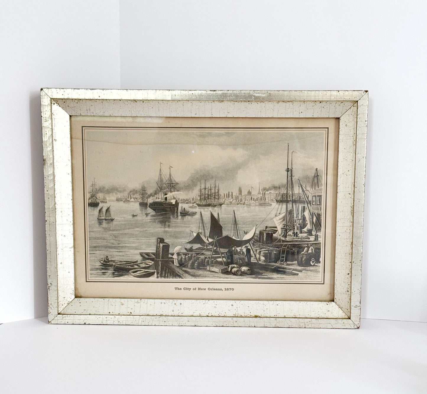 Vintage Framed New Orleans Landscape Print. Silver and Gold-leafed frame, 8x10.