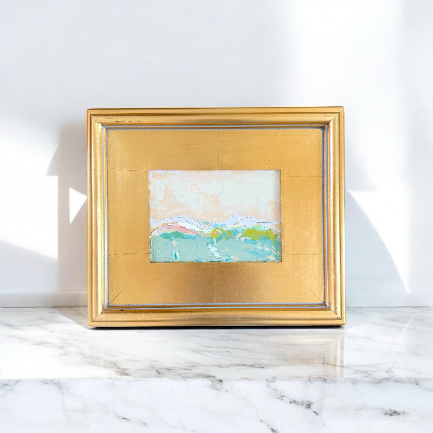 Original abstract mixed media landscape painting in gold-leaf wooden frame.