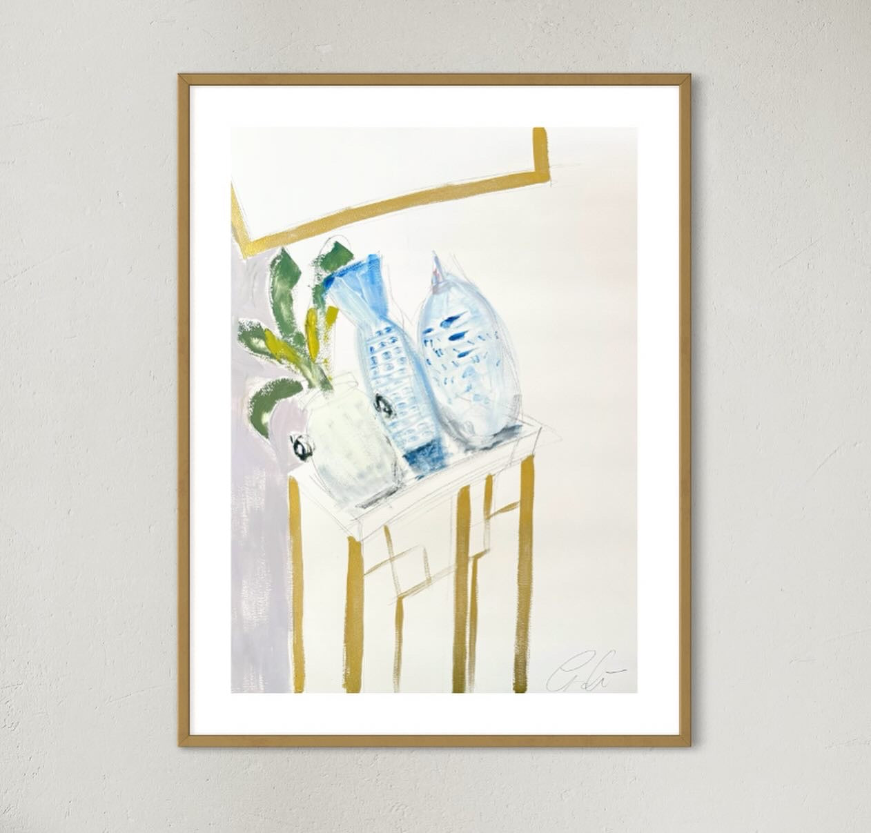 Original abstract oil painting on paper with white, blue, lavender, and gold accents.
