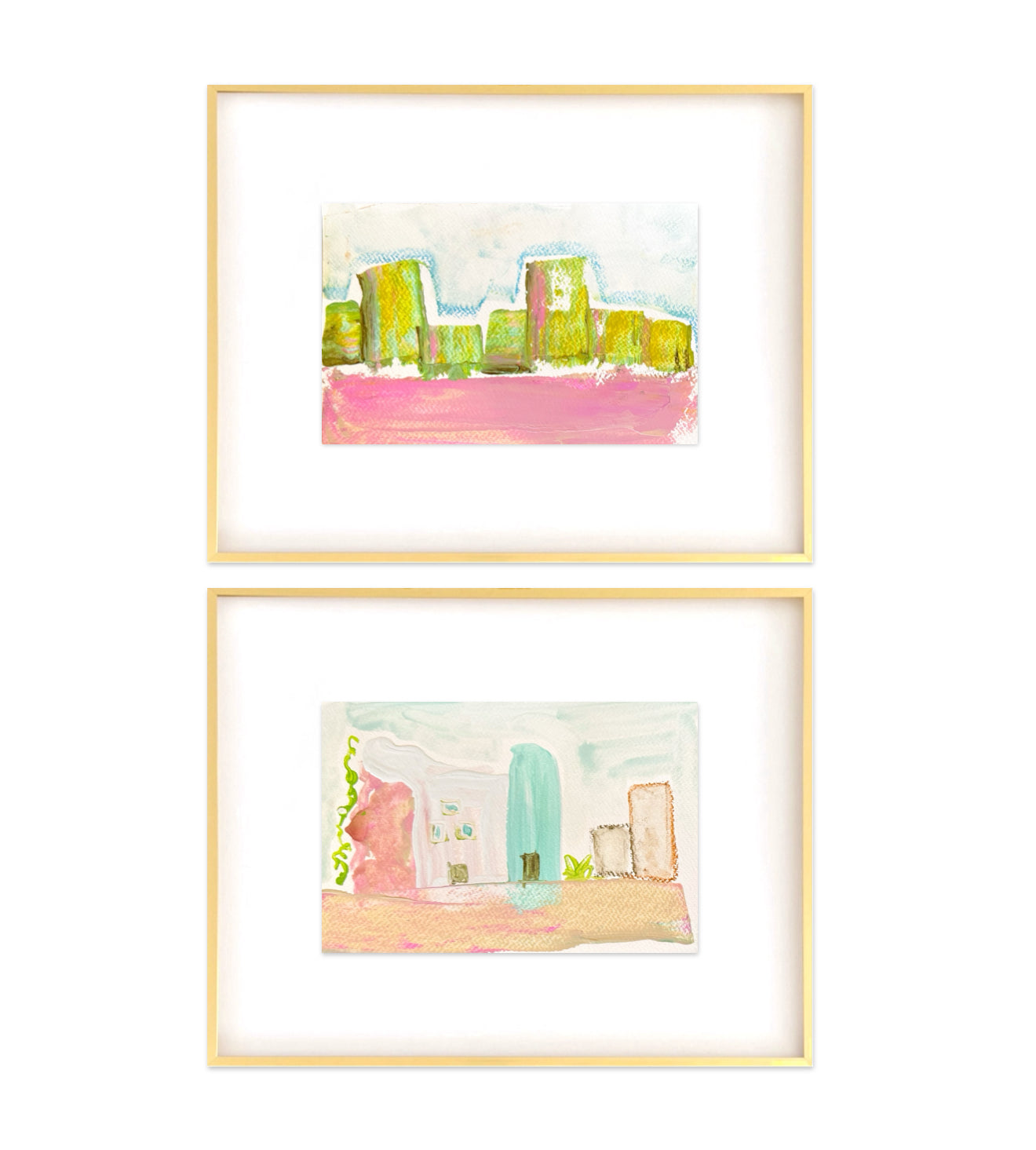 Original abstract mixed media paintings in gold metal gallery frames.