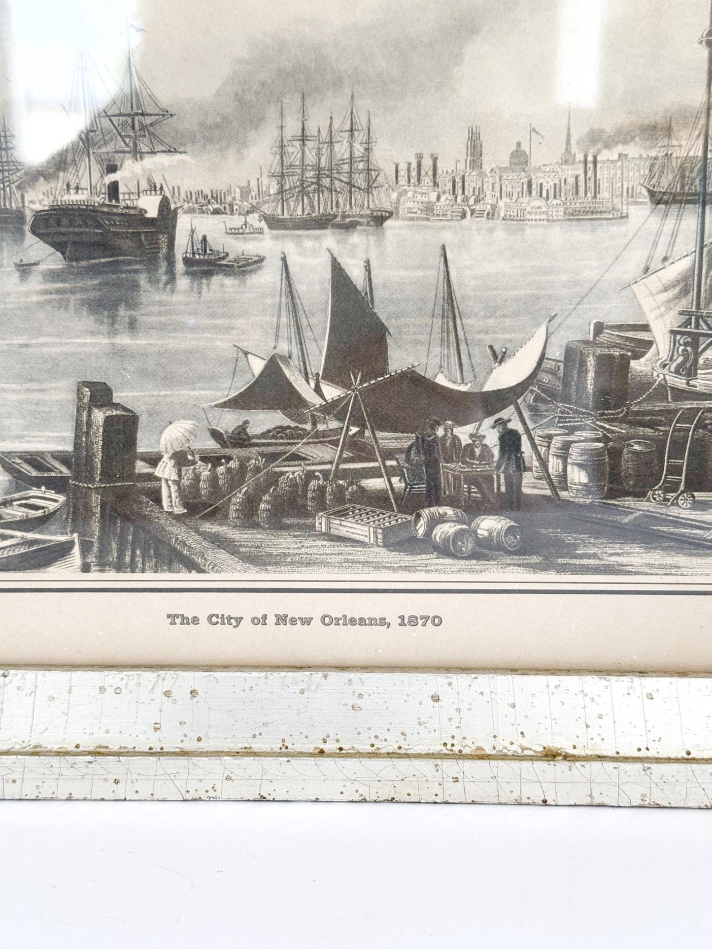 Vintage Framed New Orleans Landscape Print. Silver and Gold-leafed frame, 8x10.