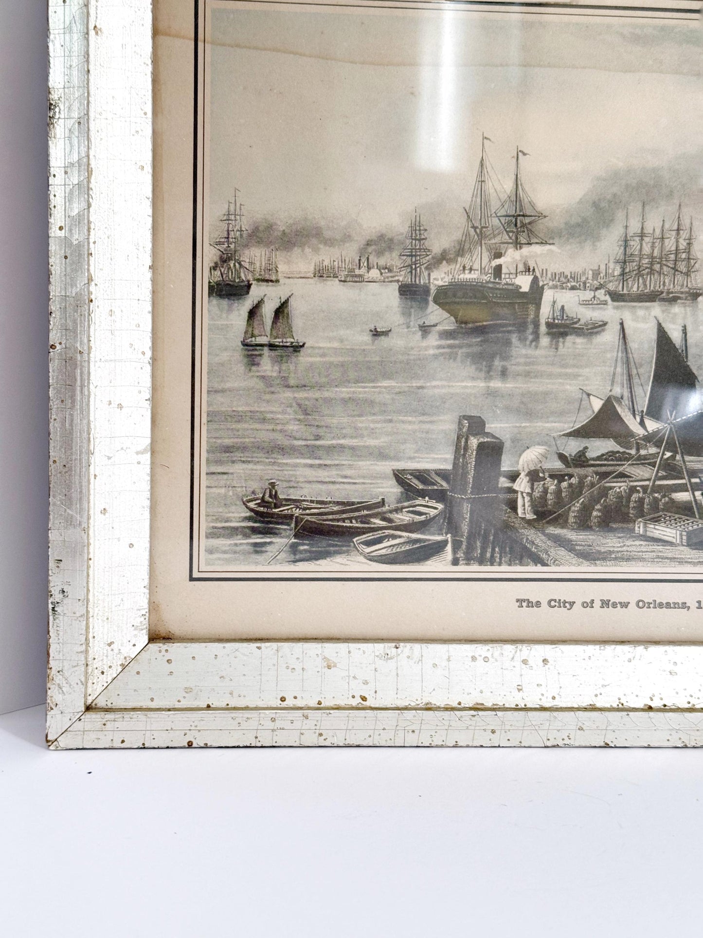 Vintage Framed New Orleans Landscape Print. Silver and Gold-leafed frame, 8x10.