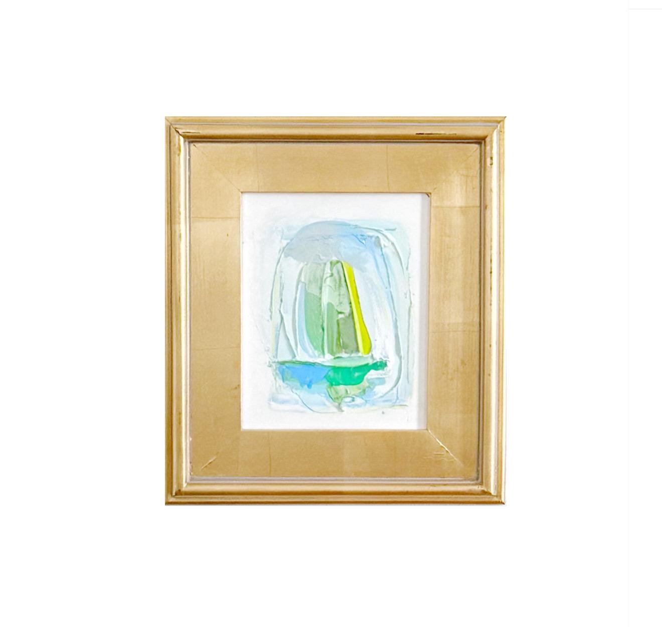Framed original abstract artwork 8x10 mixed media painting with gold frame featuring light blue, white, green, and chartreuse colors.