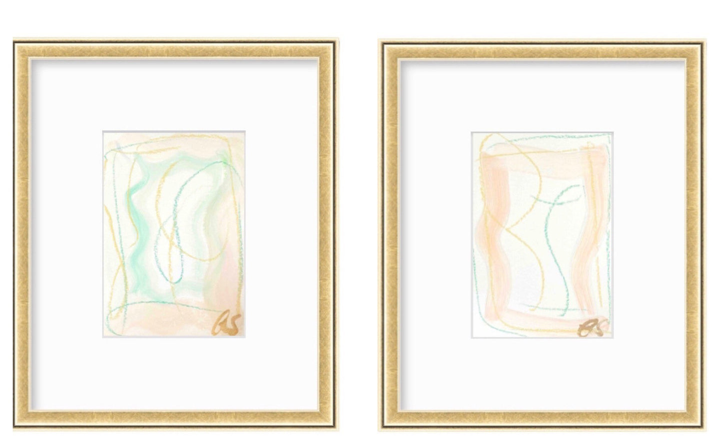 Abstract Watercolor Painting, Set of 2, 5x7, White Mat, Original Artwork, Yellow, Grey, White, Pastel Artwork, Neutral Art, Landscape
