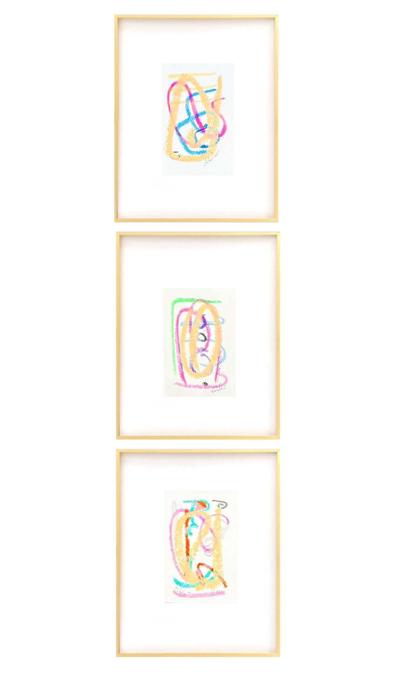 Original Abstract Mixed Media Paintings, Set of 3, Abstract Art, Neutral Artwork, Pink Art, Green, Blue, Neon Abstract Paintings