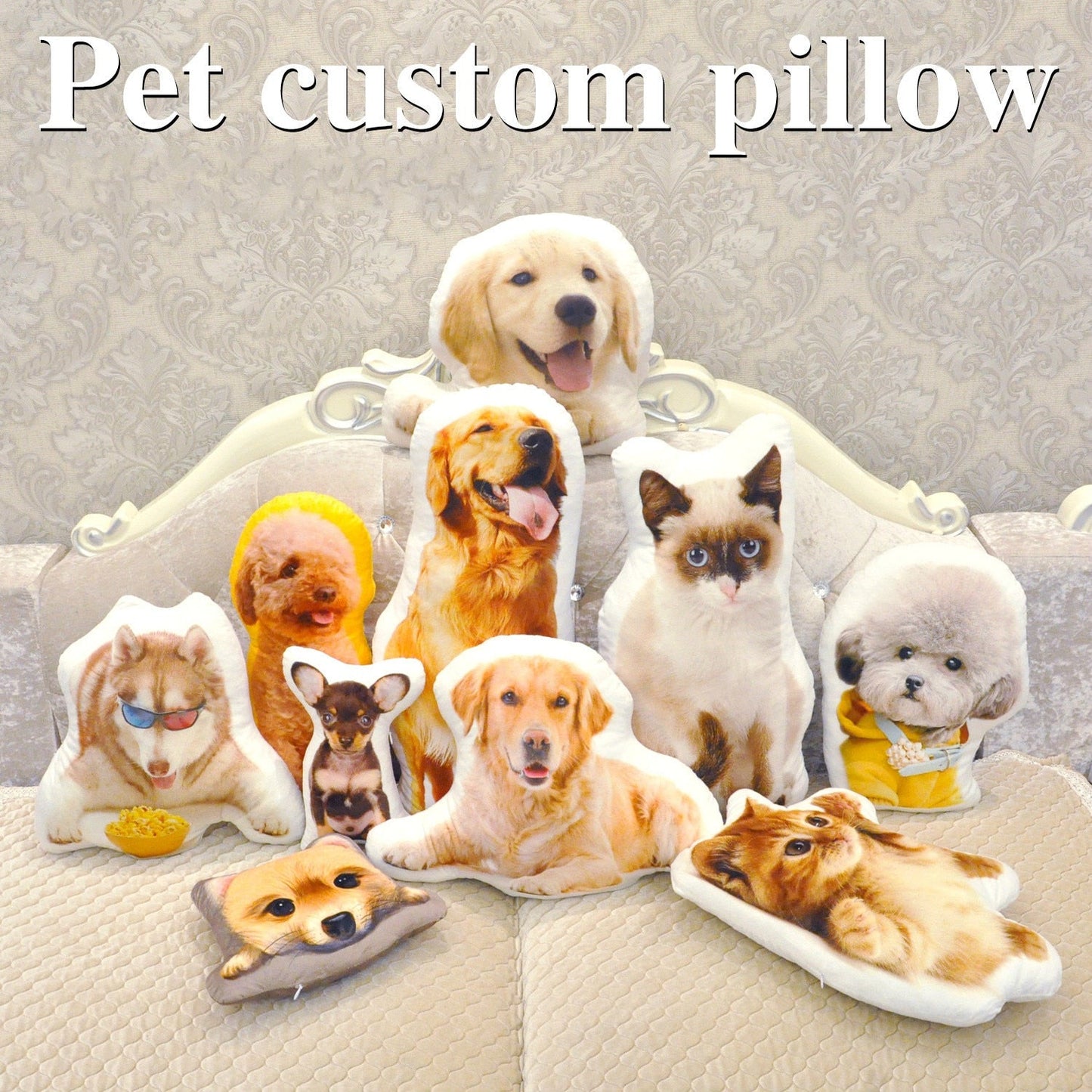 Collection of creative photo customization pillows featuring various pet designs including dogs and cats displayed on a sofa