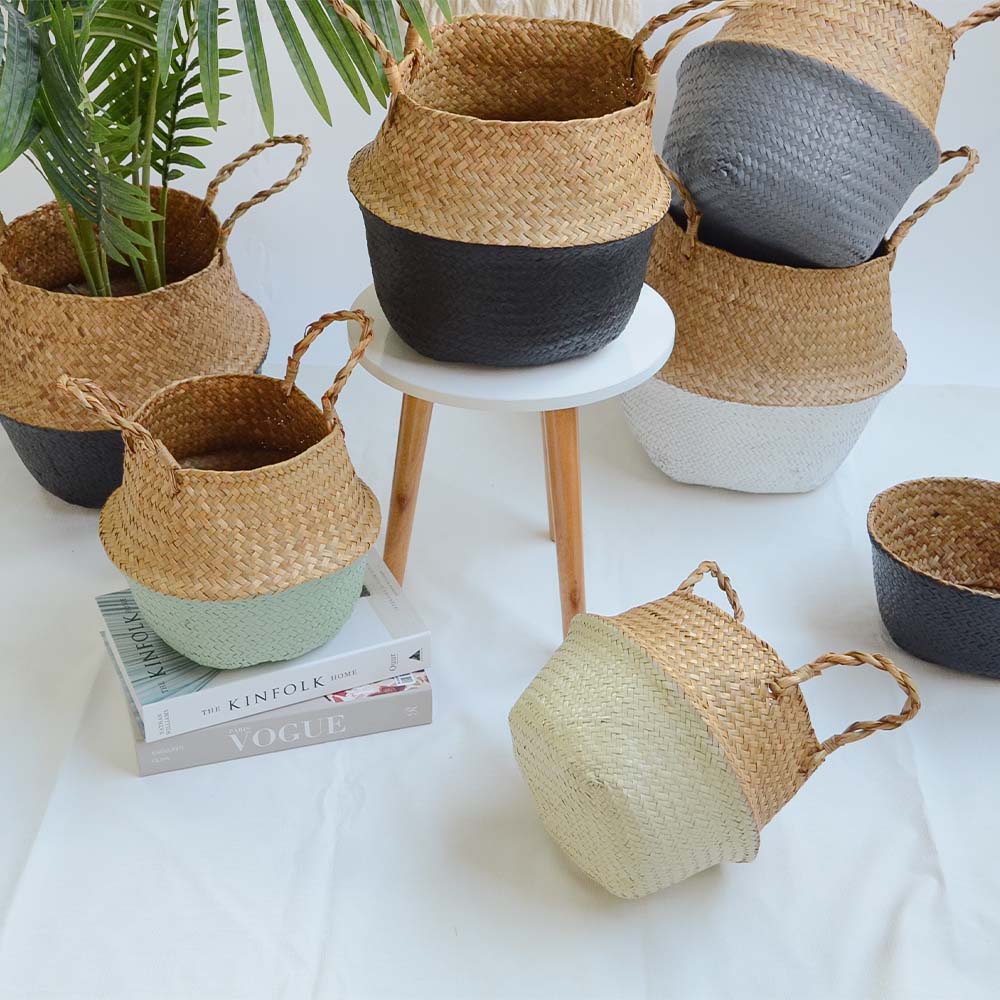 14 Colors Panier Osier Foldable Handmade Storage Basket Wicker Rattan Seagrass Straw Flower Pot Laundry Basket Cestas Mimbre