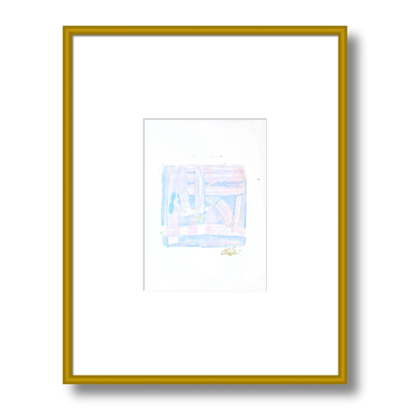 "Summer Blues" original abstract fine art print with blue, green, and pink hues, matted white, framed in 11x14 gold frame