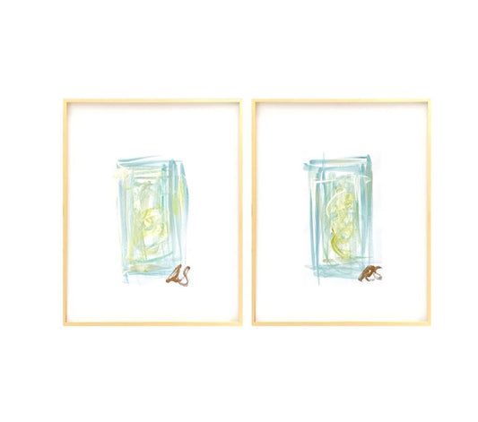 Abstract Watercolor Painting Pair, Mixed Media, 6”x8”, Mat Size 11" x 14", Original Artwork, Green, Blue, Neutral Artwork, Pastel Artwork