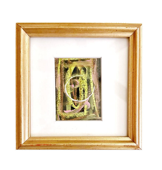 Original abstract mixed media painting in silver leaf ornate mat and vintage gold-leafed frame with black, chartreuse, pink, and silver tones.