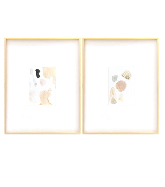Pair of abstract watercolor paintings in muted pink and taupe tones, matted in 11x14 white bevel cut mats, original artwork.