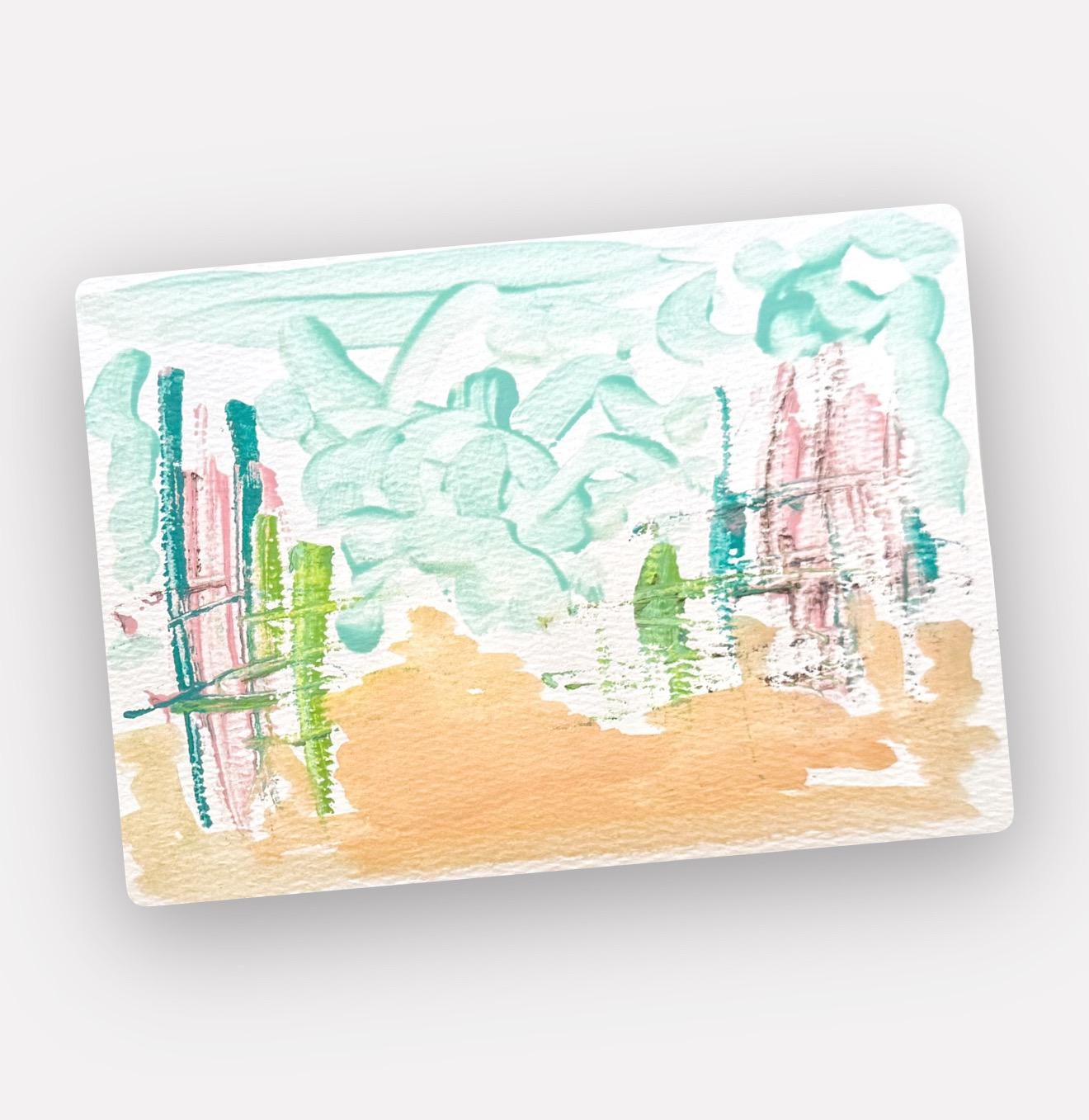 Original Abstract Watercolor Landscape Painting, Digital Print, Digital Download, Blue, Green, and Pink, 5x7, Abstract Artwork