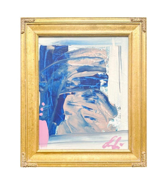 Original abstract mixed media painting in blue, pink, and white framed in ornate vintage gold-leafed 8x10 frame