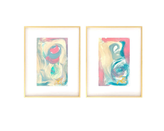 Original Abstract Fine Art Prints, Green, Pink, Blue, Pair (5x7), Abstract Artwork