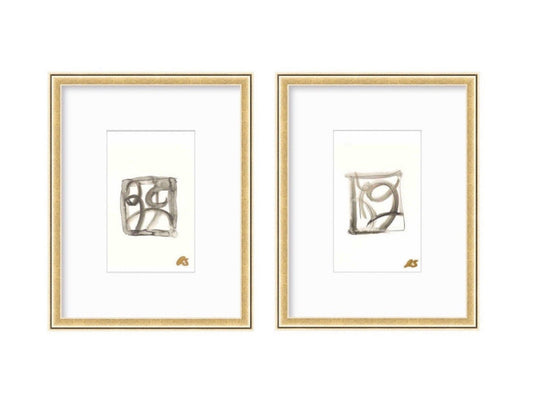 Abstract Watercolor Painting Pair, Mixed Media, 4x6, Mat Size 11x14, Original Artwork, Black and White Art, Neutral Artwork, Pastel Art