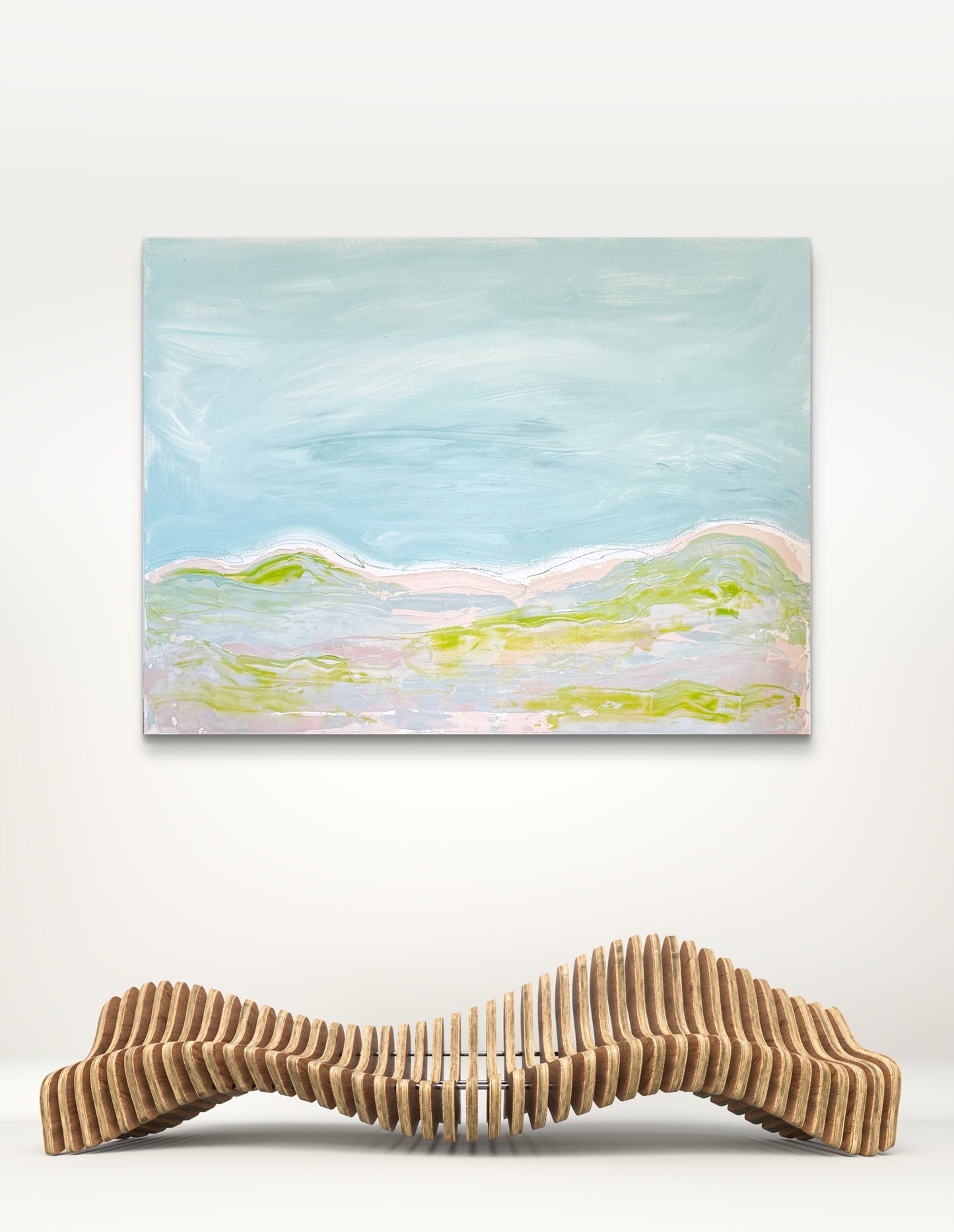 Original Abstract Mixed Media Landscape Painting, Blue, Green, Pink, Abstract Artwork, 30”x40”