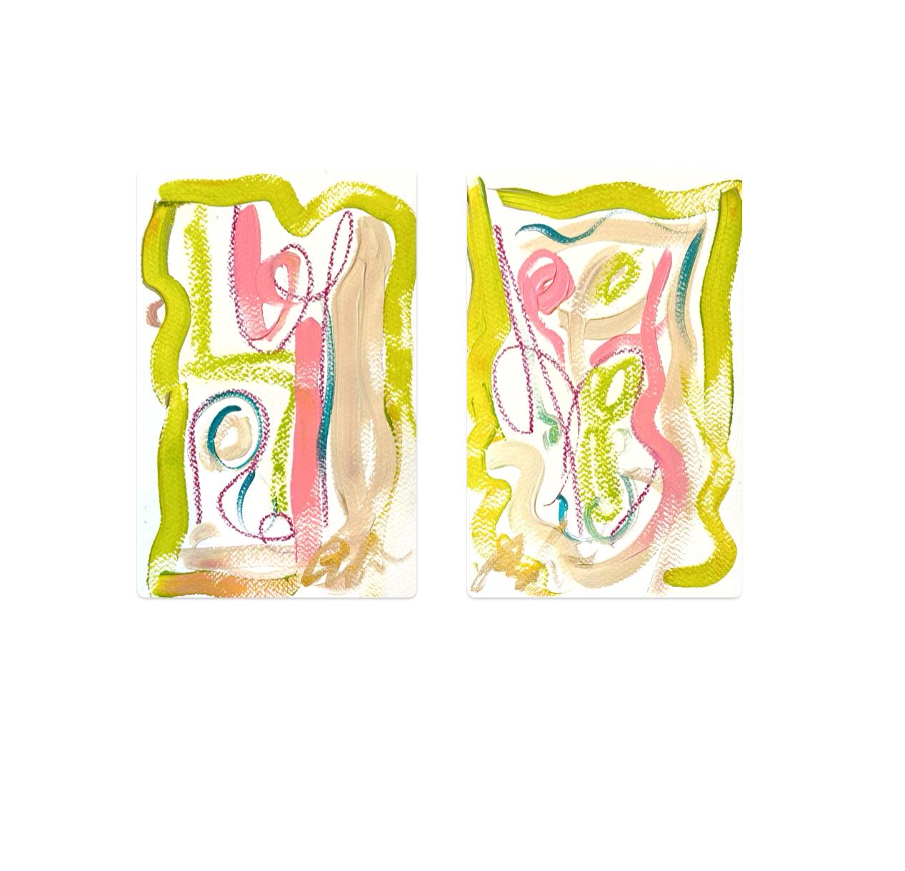 Original Abstract Fine Art Prints, Green, Pink, Blue, Pair (5x7), Abstract Artwork