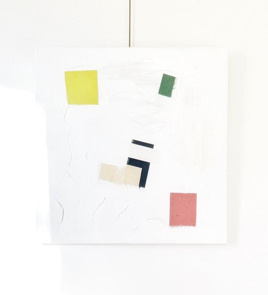 Original abstract mixed media painting on 24x30 inch stretched canvas with textured white background and color blocks in chartreuse, green, black, beige, and red.
