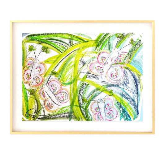 Large Original Abstract Mixed Media Painting on Paper, 18x24, Garden Theme, Butterflies, Green, Pink