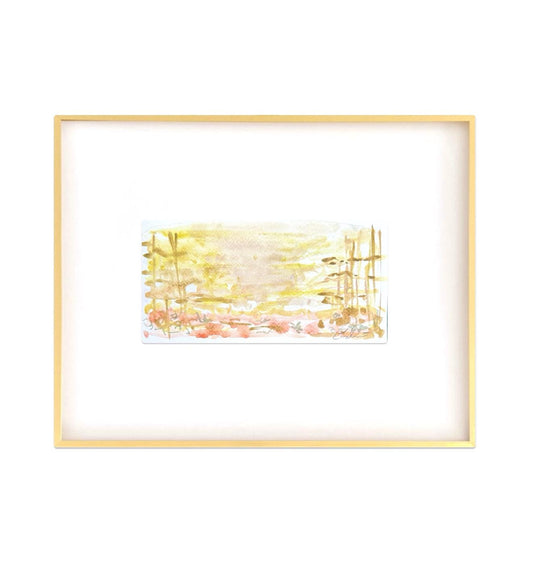 Abstract watercolor landscape painting in a gold framed gallery style, 16x20 inches.