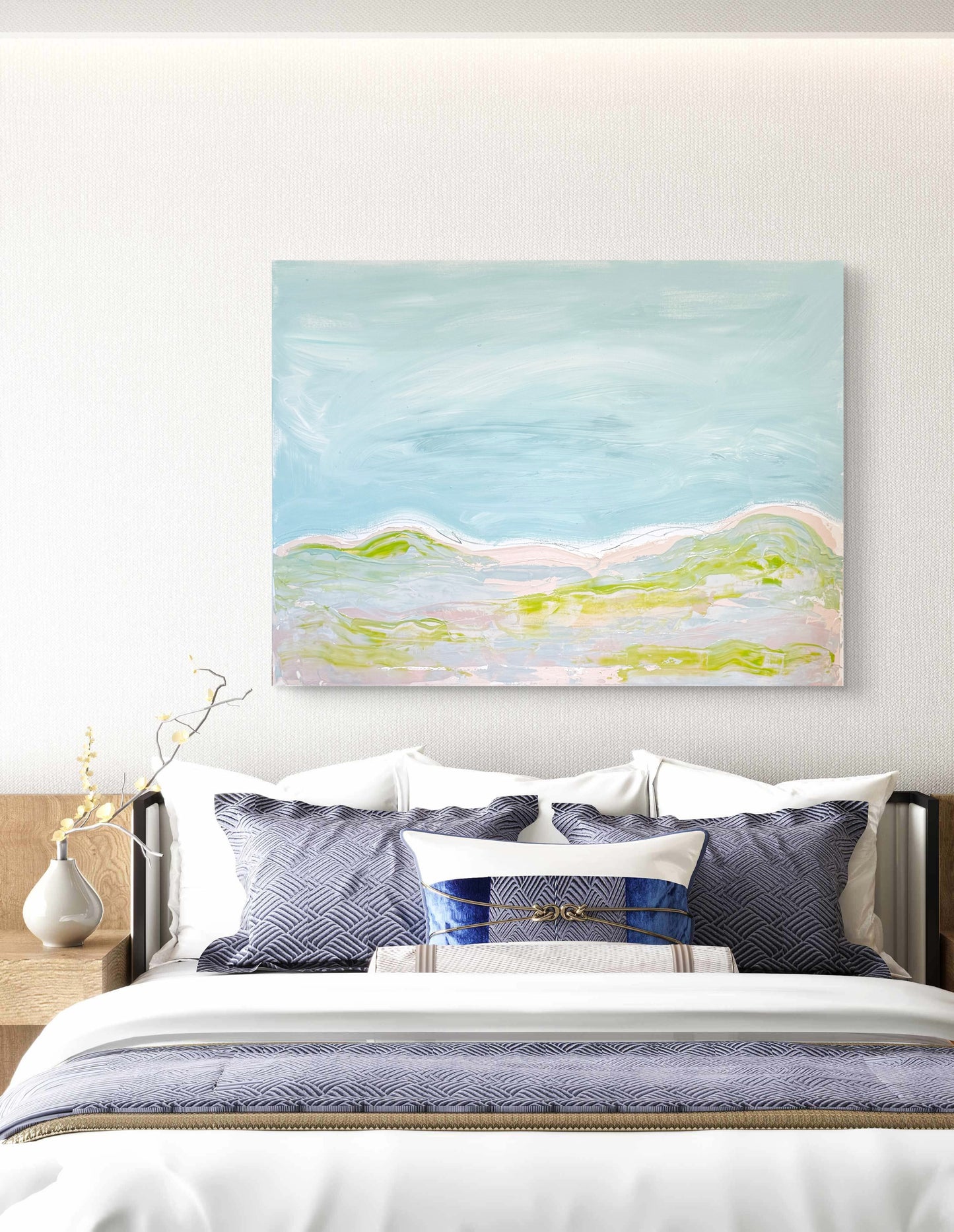 Original Abstract Mixed Media Landscape Painting, Blue, Green, Pink, Abstract Artwork, 30”x40”