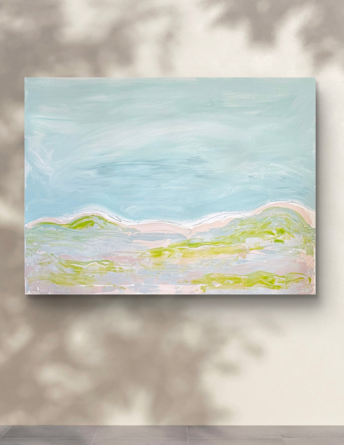 Original Abstract Mixed Media Landscape Painting, Blue, Green, Pink, Abstract Artwork, 30”x40”