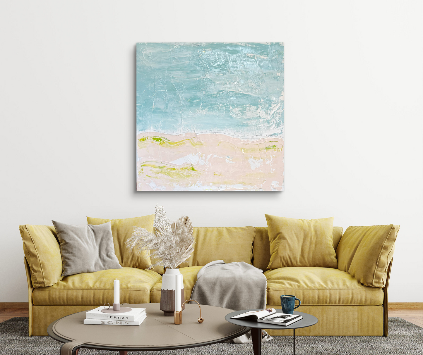 Original Abstract Mixed Media Landscape Painting, Blue, Green, Pink, Abstract Artwork, 30”x40”