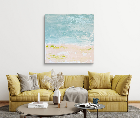 Original Abstract Mixed Media Landscape Painting, Blue, Green, Pink, Abstract Artwork, 30”x40”