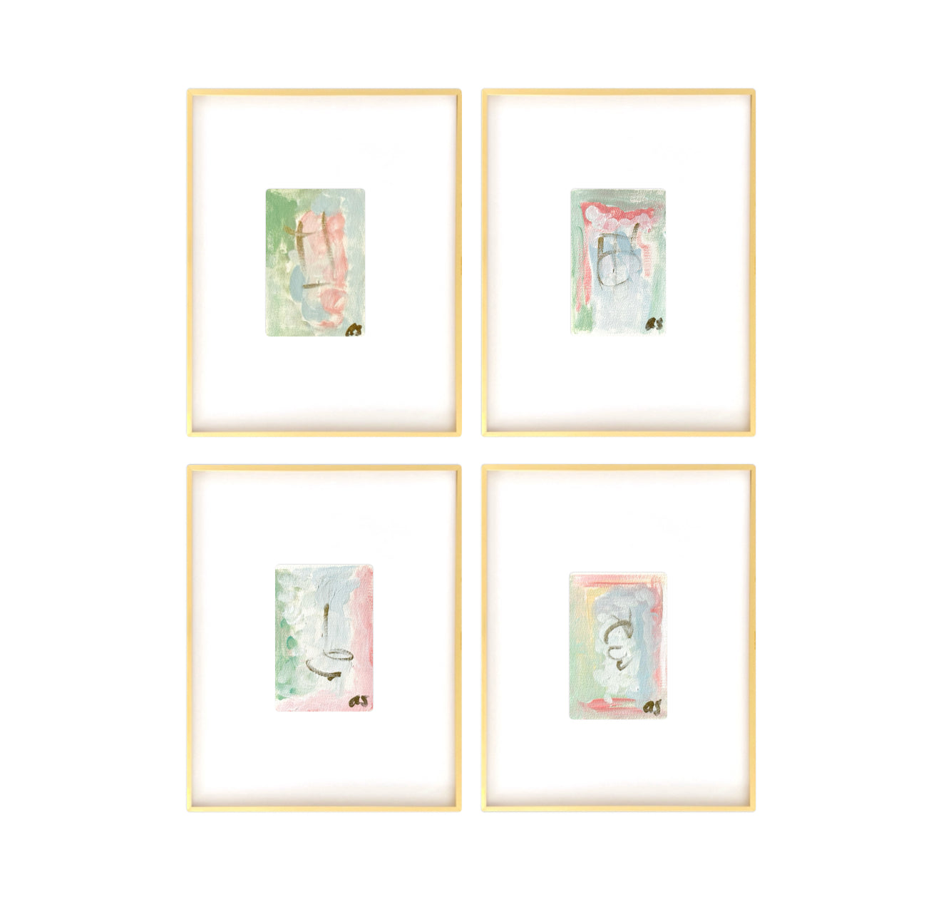 Original Abstract Watercolor Paintings, Set of Four, Framed, Pink, Blue, Green, Abstract Artwork