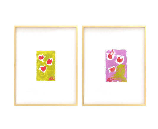 Abstract watercolor painting pair, pink and chartreuse, 5x7 in 11x14 white mat.
