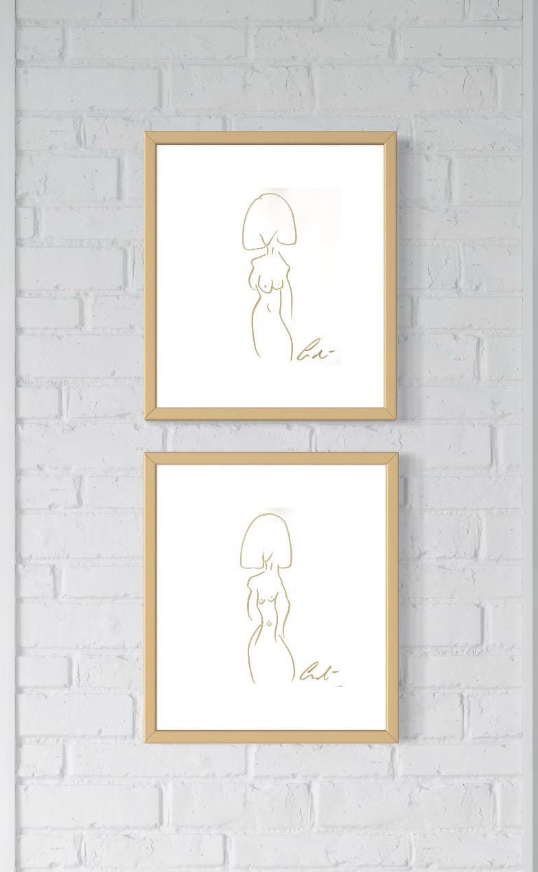 Original Abstract Watercolor Paintings Digital Print, Fine Art Print, Digital Download, Abstract Artwork, Gold Figure Line Drawing, 8x10
