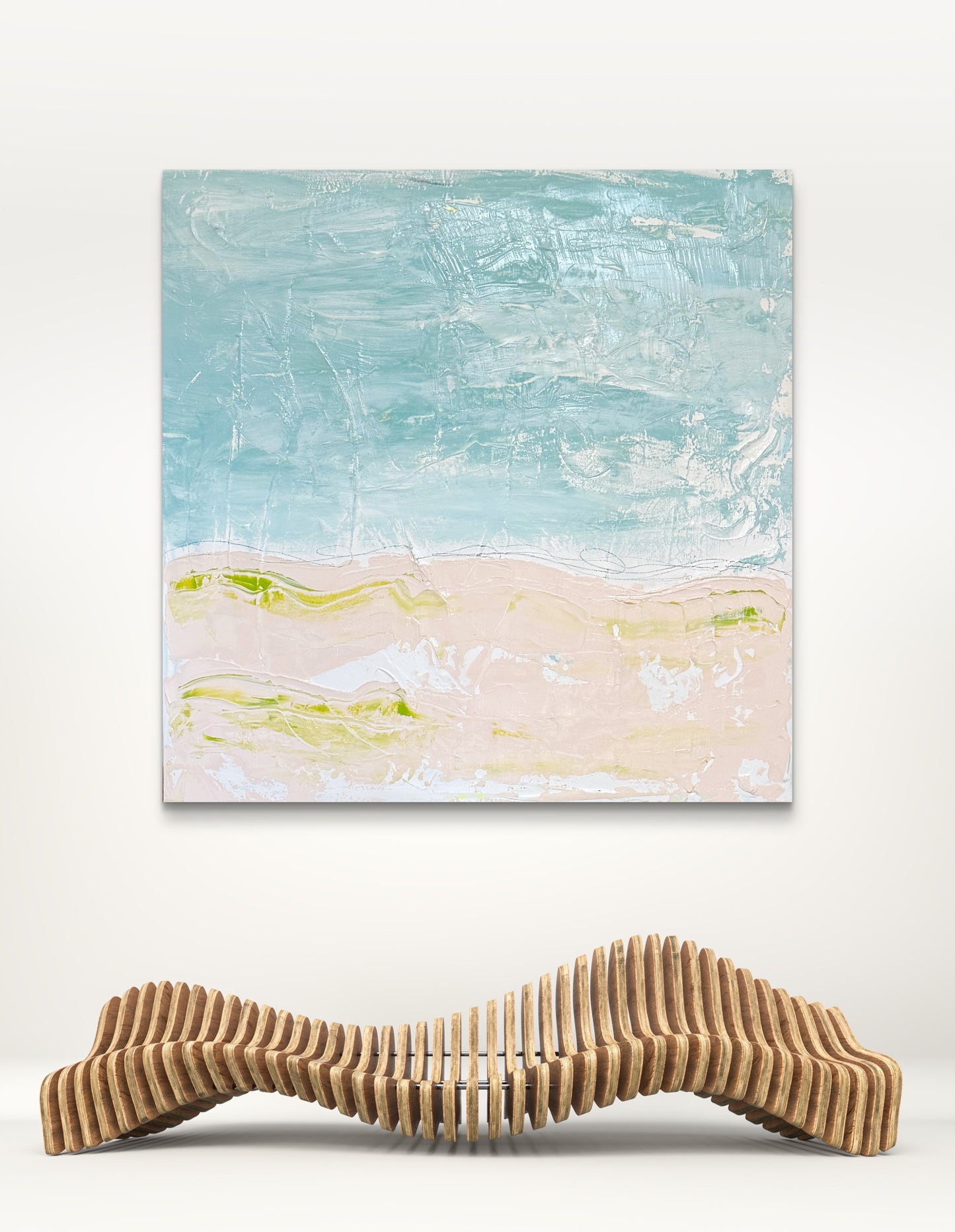 Original Abstract Mixed Media Landscape Painting, Blue, Green, Pink, Abstract Artwork, 30”x40”