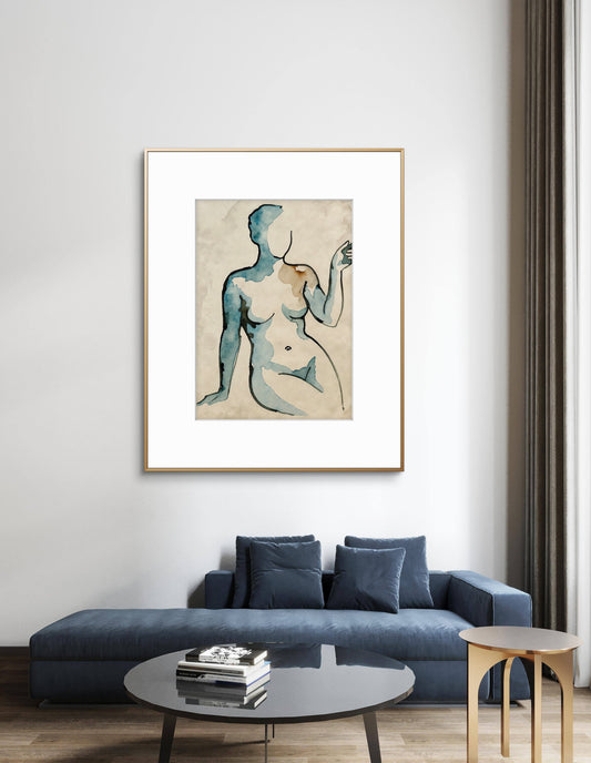 Minimalist Nude Figure Watercolor Oversized Art Print, Modern Figure Drawing, Female Nude Figure Art, Abstract Nude Figure