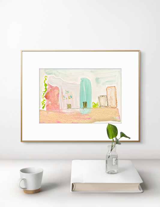 Original Abstract Watercolor Landscape Painting Fine Art Print, Size 6x8, Blue, Pink, Green, Peach, Abstract Artwork, Wall Decor