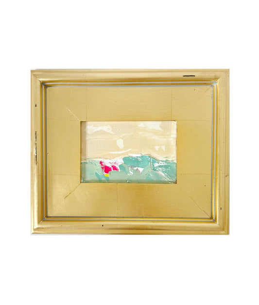 Framed Original Abstract Artwork, Mixed Media Landscape Painting (4”x6”) on Canvas, 8”x10”, Gold Frame, Neutral Wall Art, Pink & Green