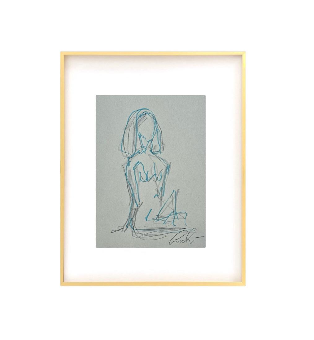 Original Abstract Mixed Media Nude Figure Sketch, Charcoal Nude Sketch, Abstract Art, Original Art, Blue, Black, Grey