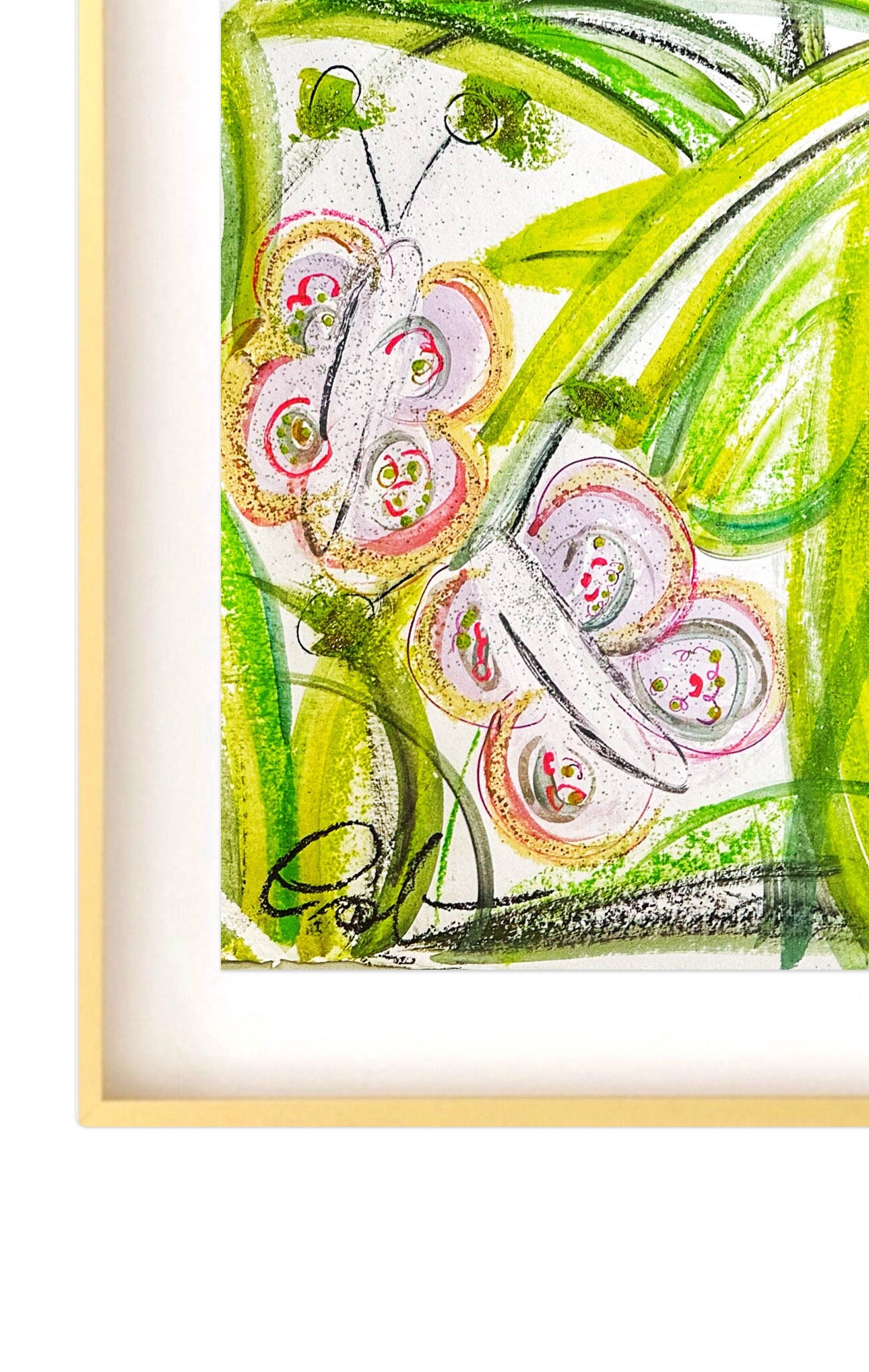 Large Original Abstract Mixed Media Painting on Paper, 18x24, Garden Theme, Butterflies, Green, Pink