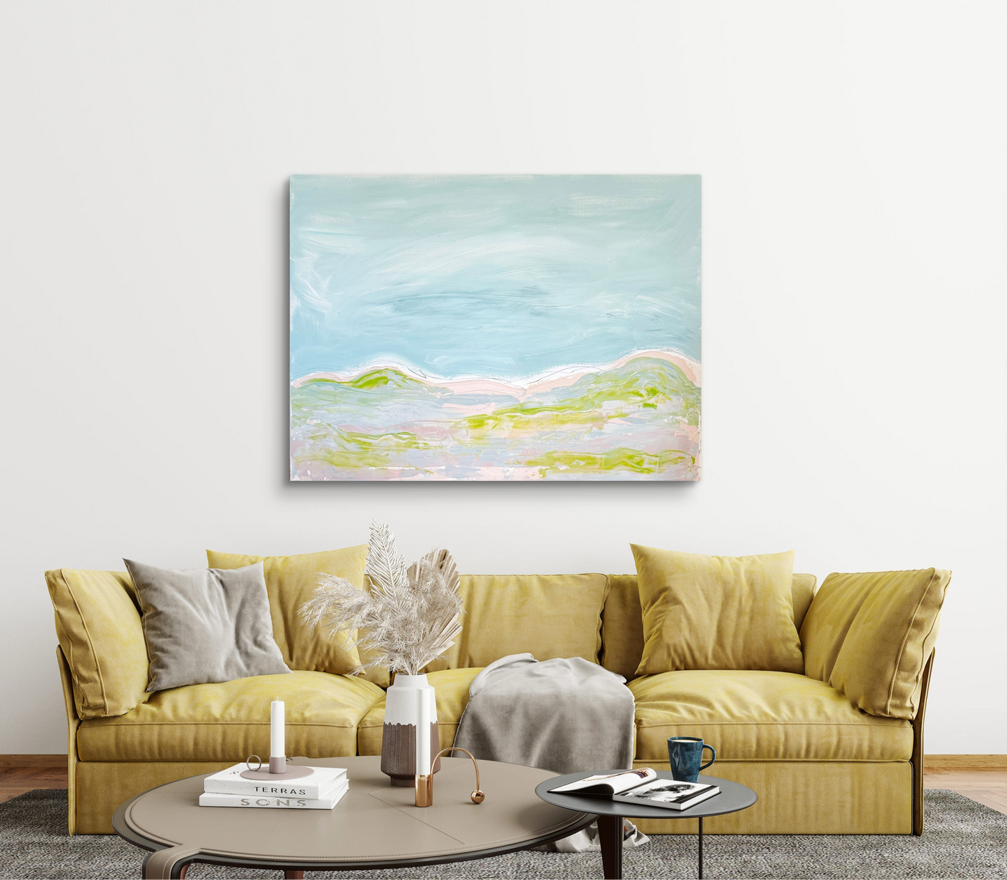 Original Abstract Mixed Media Landscape Painting, Blue, Green, Pink, Abstract Artwork, 30”x40”