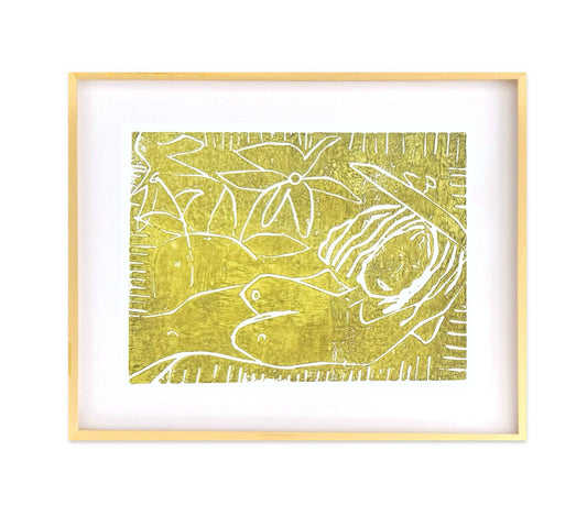 Abstract Nude Figure Monoprint in chartreuse, framed in 16”x20” gold metal gallery frame.
