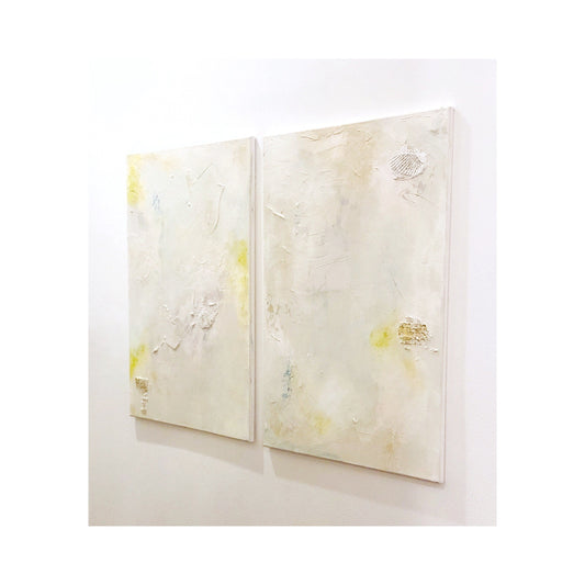 Custom large canvas artwork set of 2 abstract mixed media paintings in neutral tones with textured details and subtle color accents