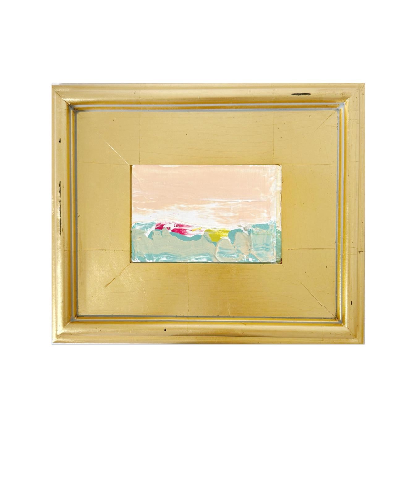 Framed Original Abstract Artwork, Mixed Media Landscape Painting (4”x6”) on Canvas, 8”x10”, Gold Frame, Neutral Wall Art, Pink & Green