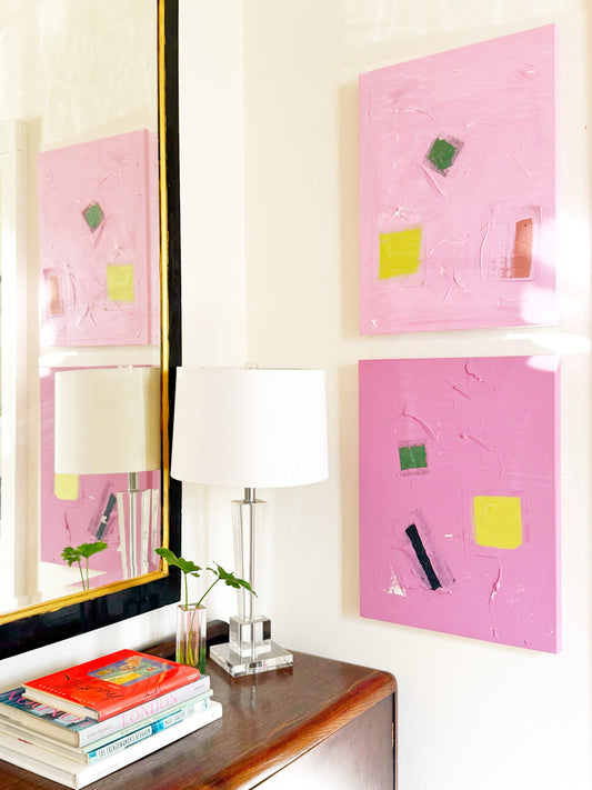 Pair of abstract mixed media paintings on canvas with pink background and geometric shapes, 16x20 inches each